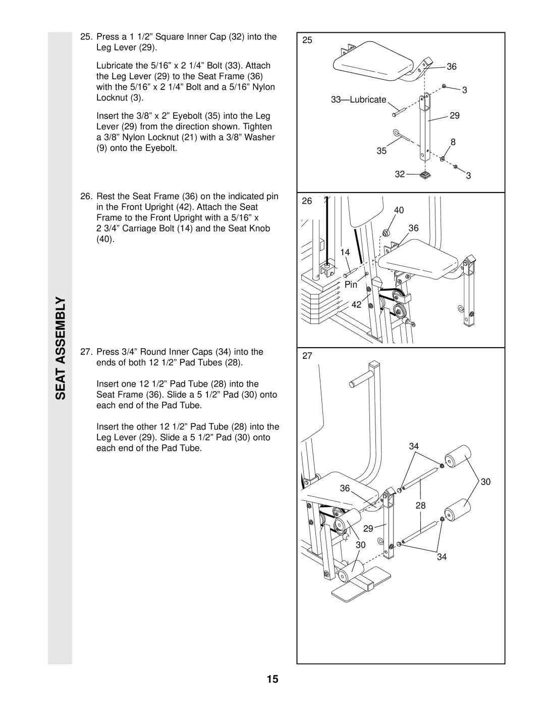 Weider WEEVSY87210 user manual Seat Assembly, Pin 