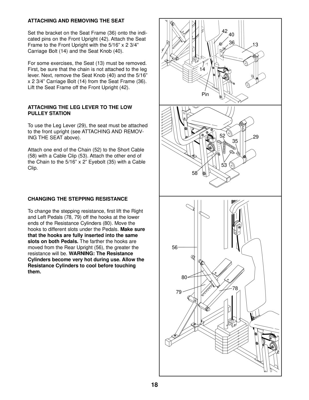 Weider WEEVSY87210 user manual Attaching and Removing the Seat, Attaching the LEG Lever to the LOW Pulley Station 