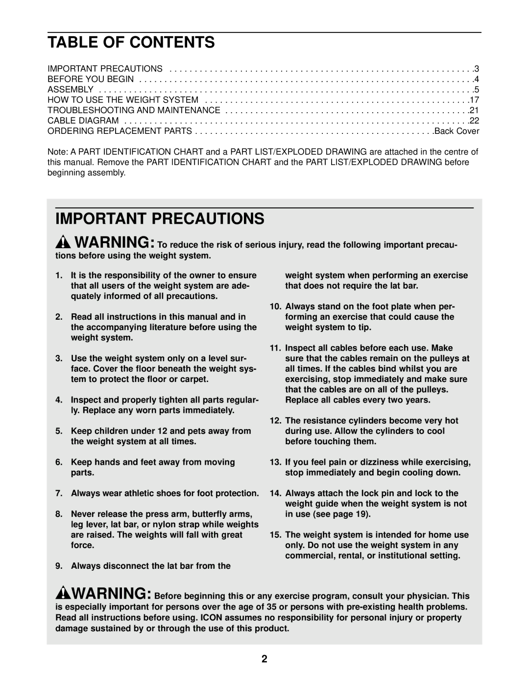 Weider WEEVSY87210 user manual Table of Contents, Important Precautions 