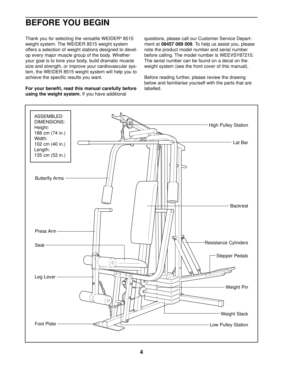 Weider WEEVSY87210 user manual Before YOU Begin, For your benefit, read this manual carefully before 