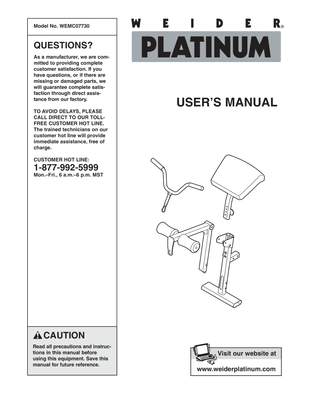 Weider WEMC07730 user manual Questions?, Customer HOT Line 