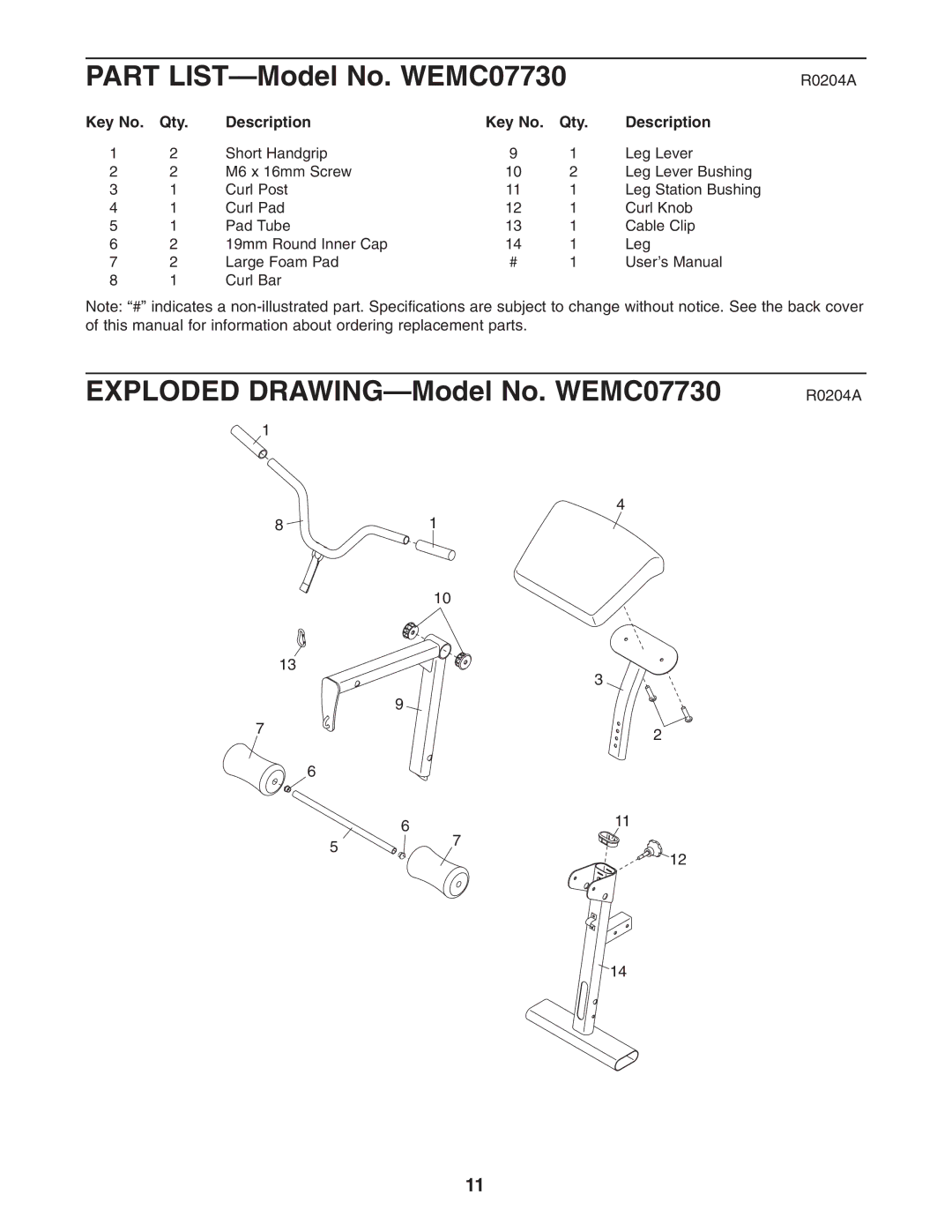 Weider user manual Exploded DRAWING-Model No. WEMC07730 