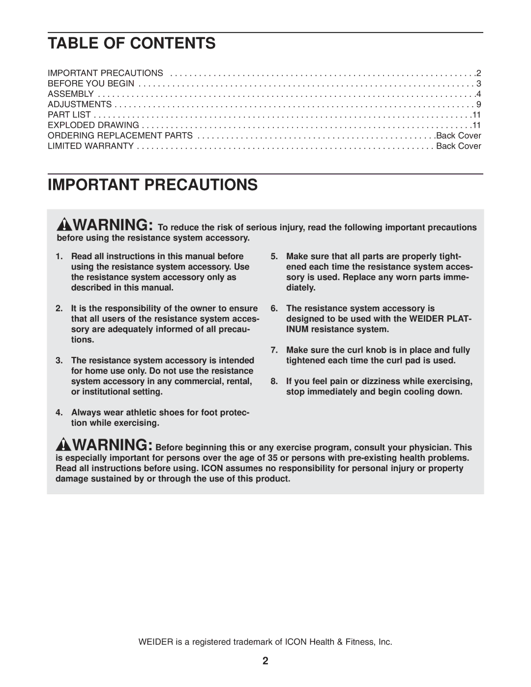 Weider WEMC07730 user manual Table of Contents, Important Precautions 