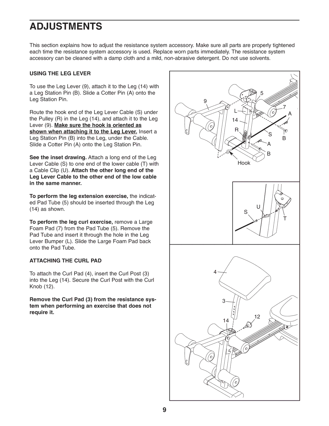 Weider WEMC07730 user manual Adjustments, Using the LEG Lever, Attaching the Curl PAD 