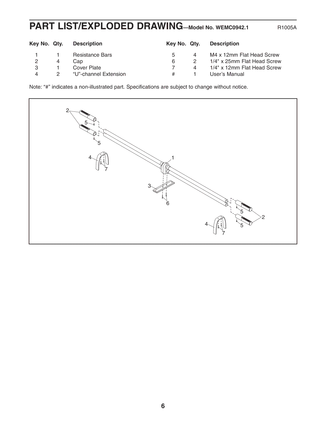 Weider user manual Part LIST/EXPLODED DRAWING-Model No. WEMC0942.1, Key No. Qty Description 