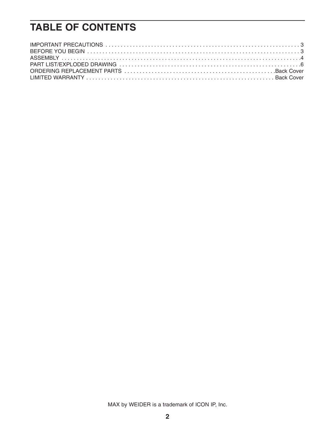 Weider WEMC0943.0 user manual Table of Contents 