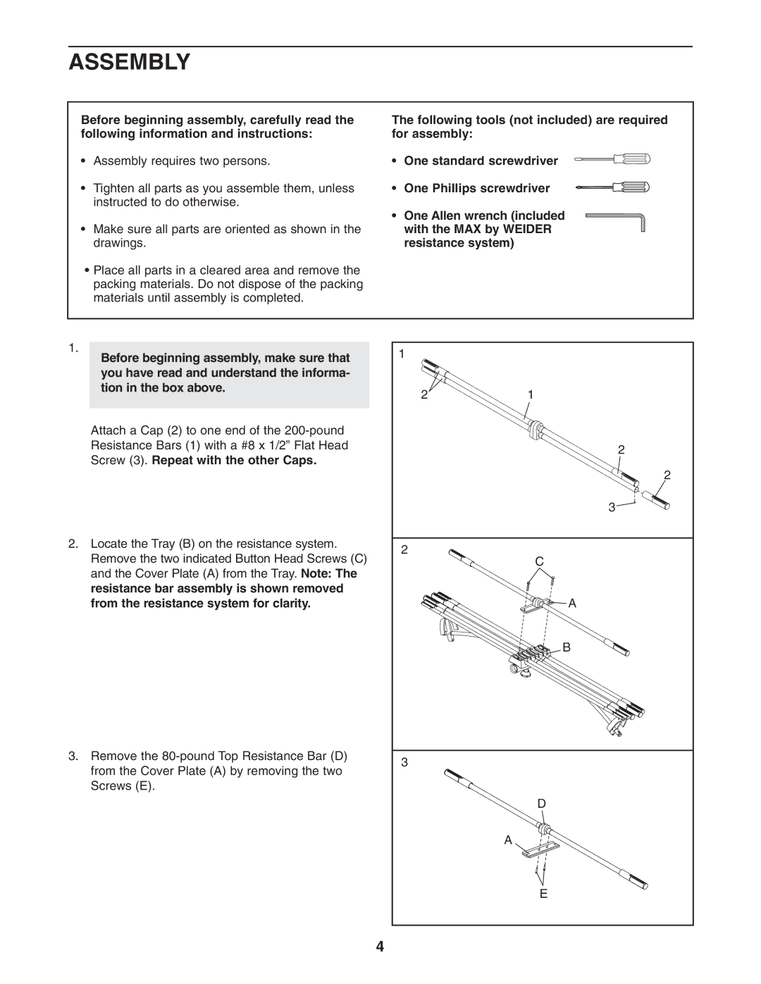 Weider WEMC0943.0 user manual Assembly, Screw 3. Repeat with the other Caps 