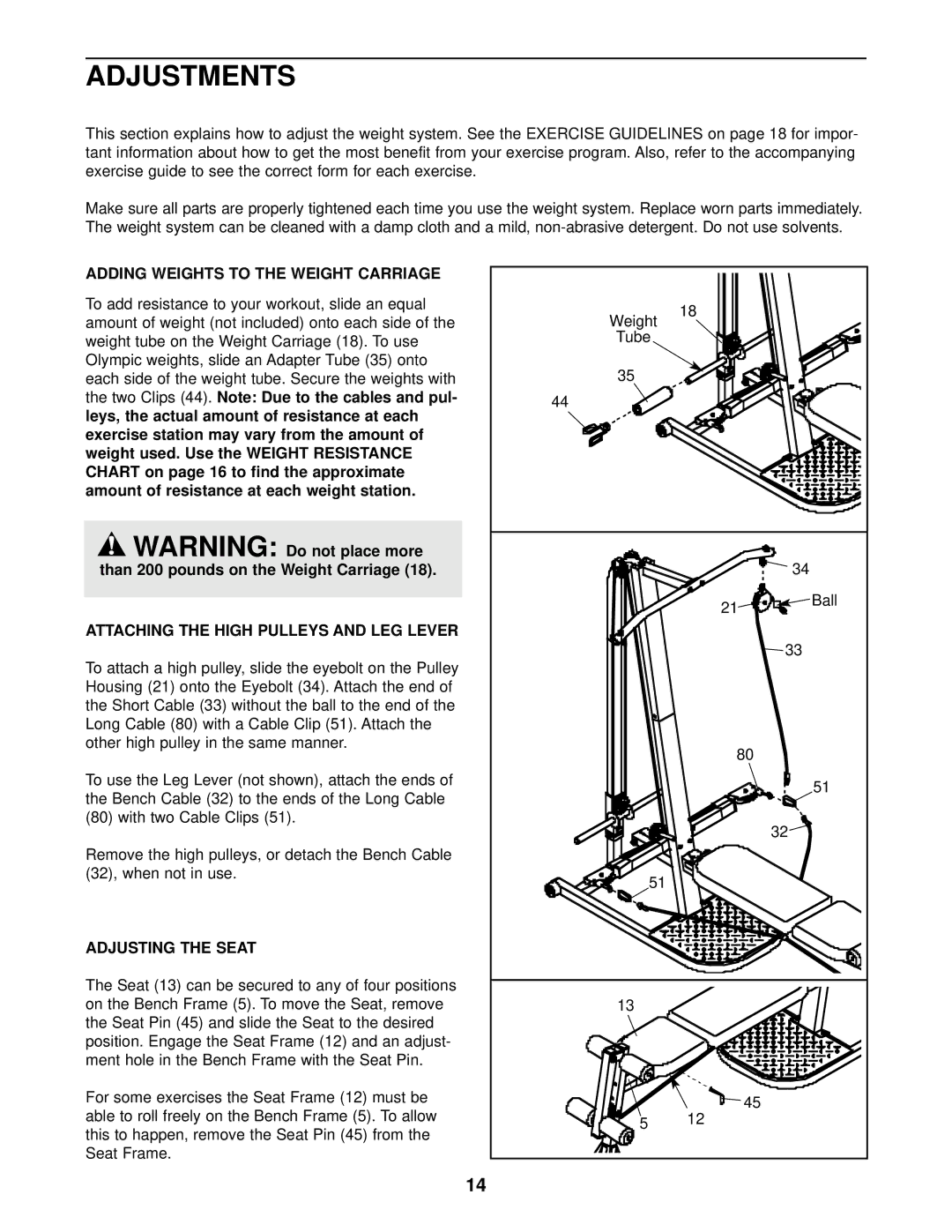 Weider WESY09320 user manual Adjustments, Adding Weights to the Weight Carriage, Attaching the High Pulleys and LEG Lever 