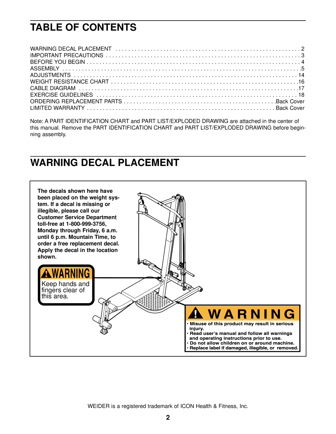 Weider WESY09320 user manual Table of Contents 