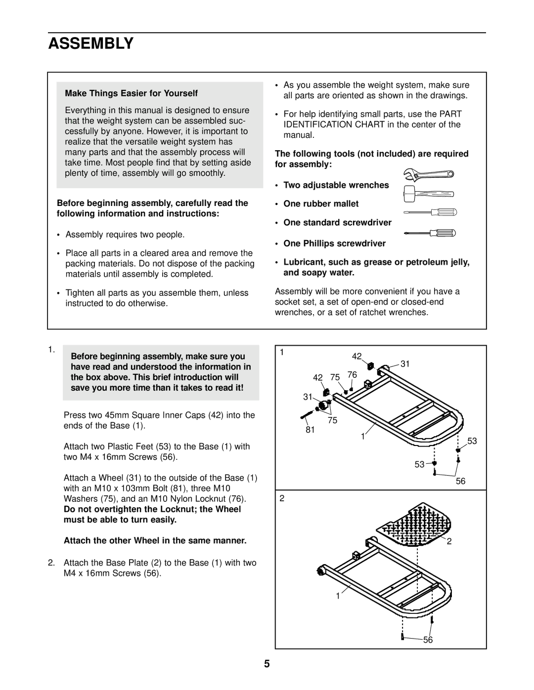 Weider WESY09320 user manual Assembly, Make Things Easier for Yourself 