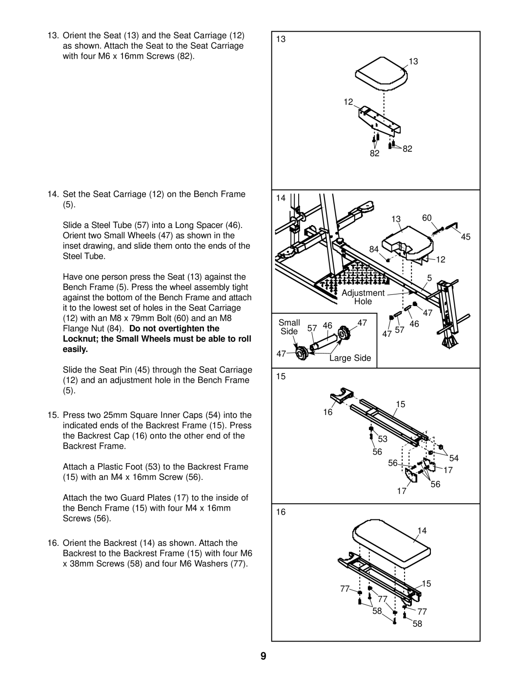 Weider WESY09320 user manual Locknut the Small Wheels must be able to roll easily 