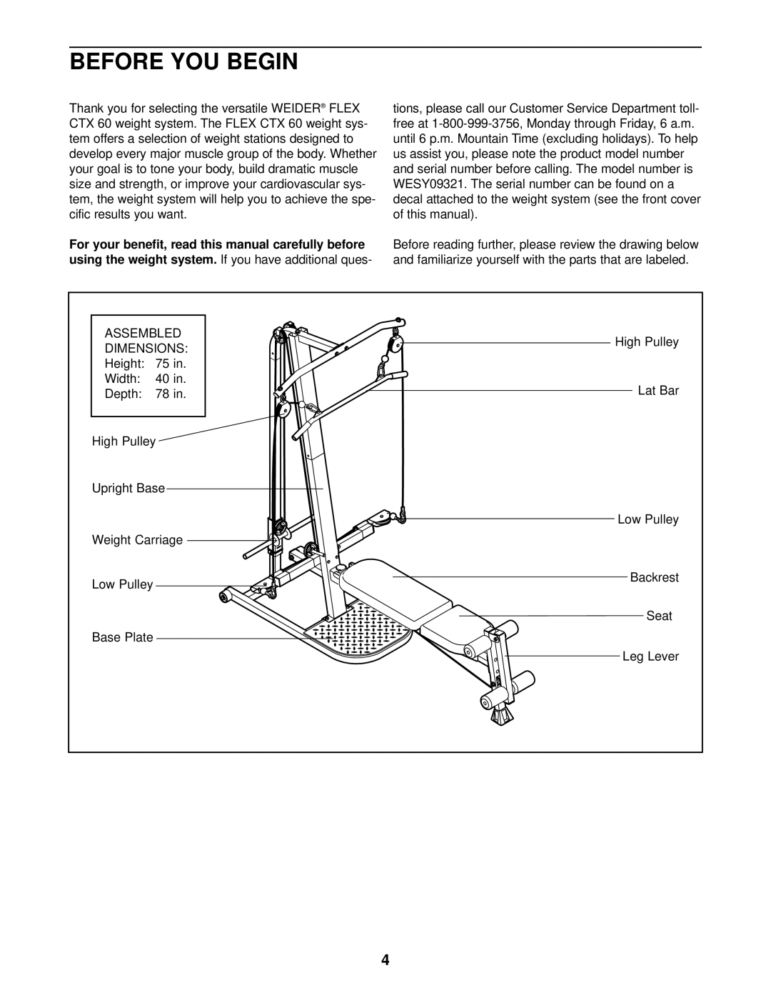 Weider WESY09321 user manual Before YOU Begin, Dimensions 