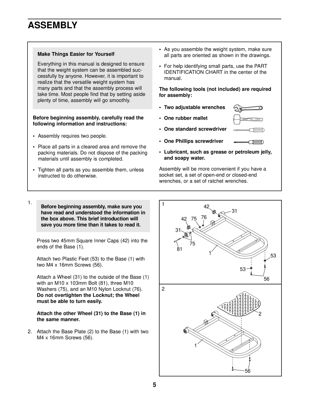 Weider WESY09321 user manual Assembly, Make Things Easier for Yourself 