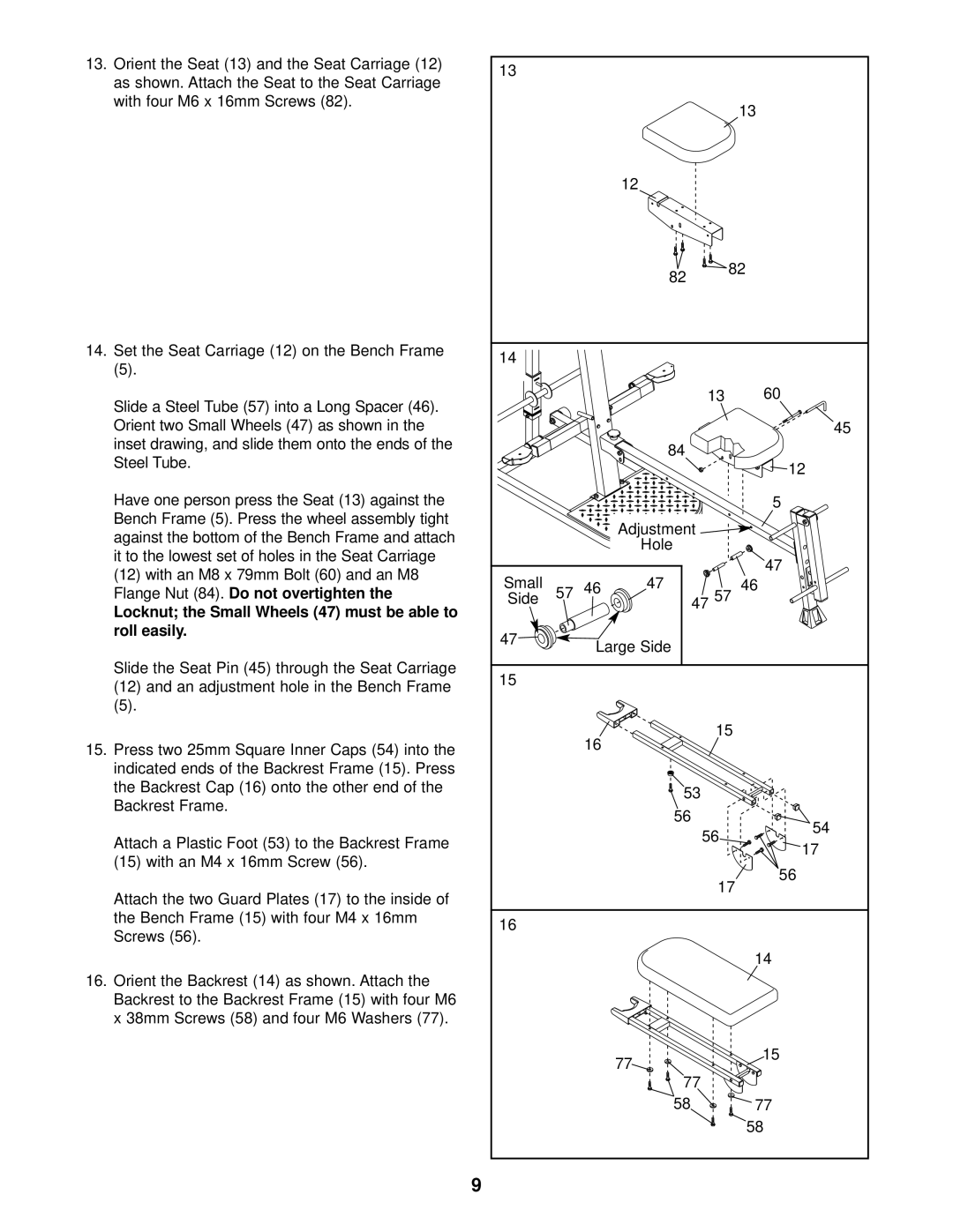 Weider WESY09321 user manual Locknut the Small Wheels 47 must be able to roll easily 