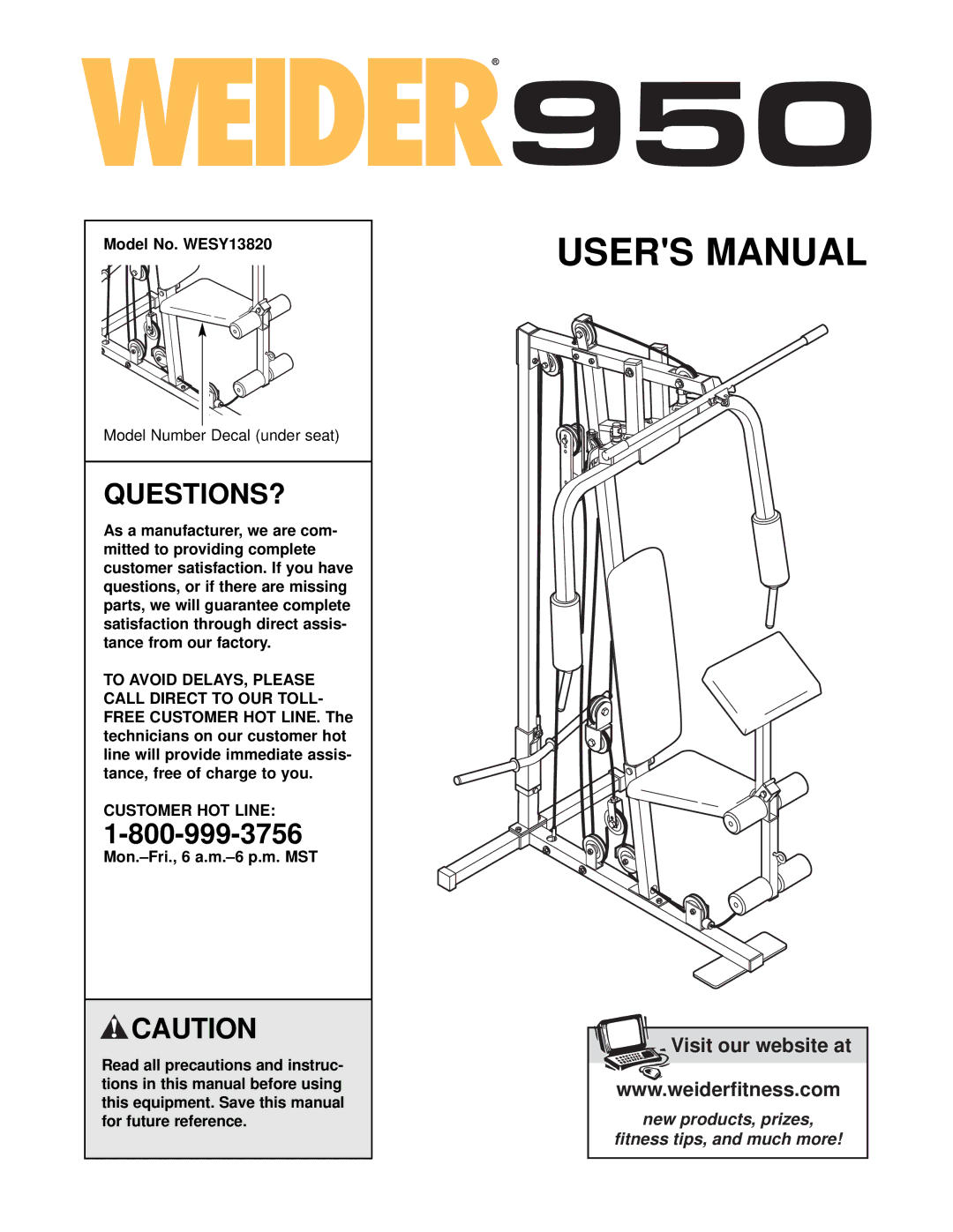 Weider user manual Questions?, Model No. WESY13820, Customer HOT Line 