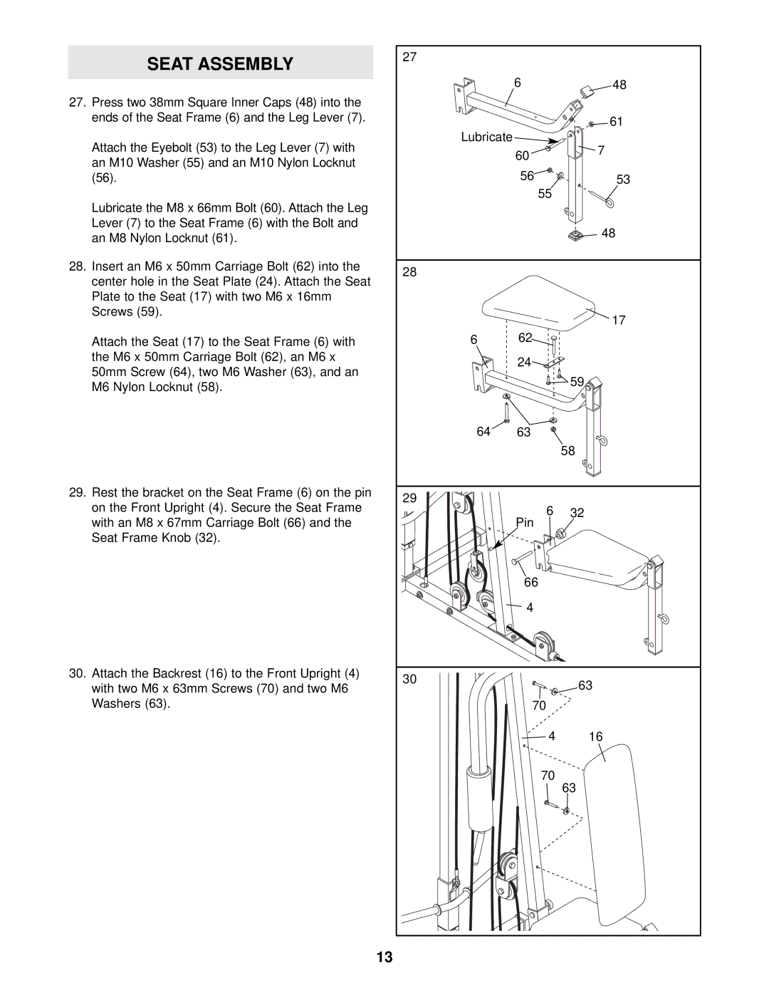 Weider WESY13820 user manual Seat Assembly 