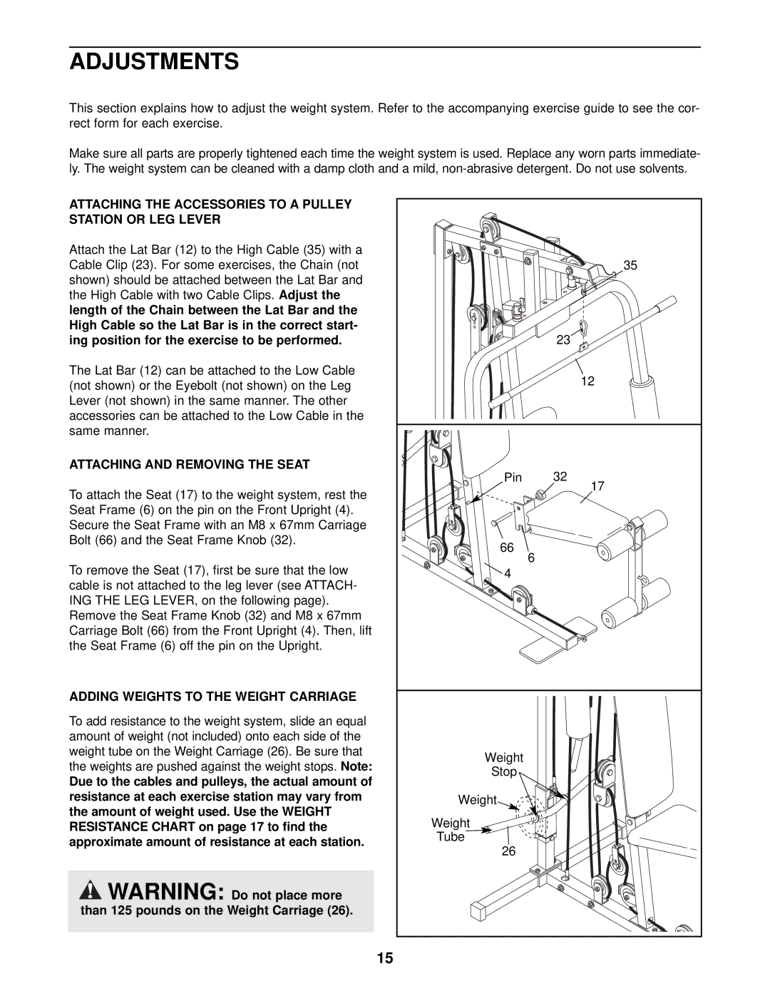 Weider WESY13820 Adjustments, Attaching the Accessories to a Pulley Station or LEG Lever, Attaching and Removing the Seat 