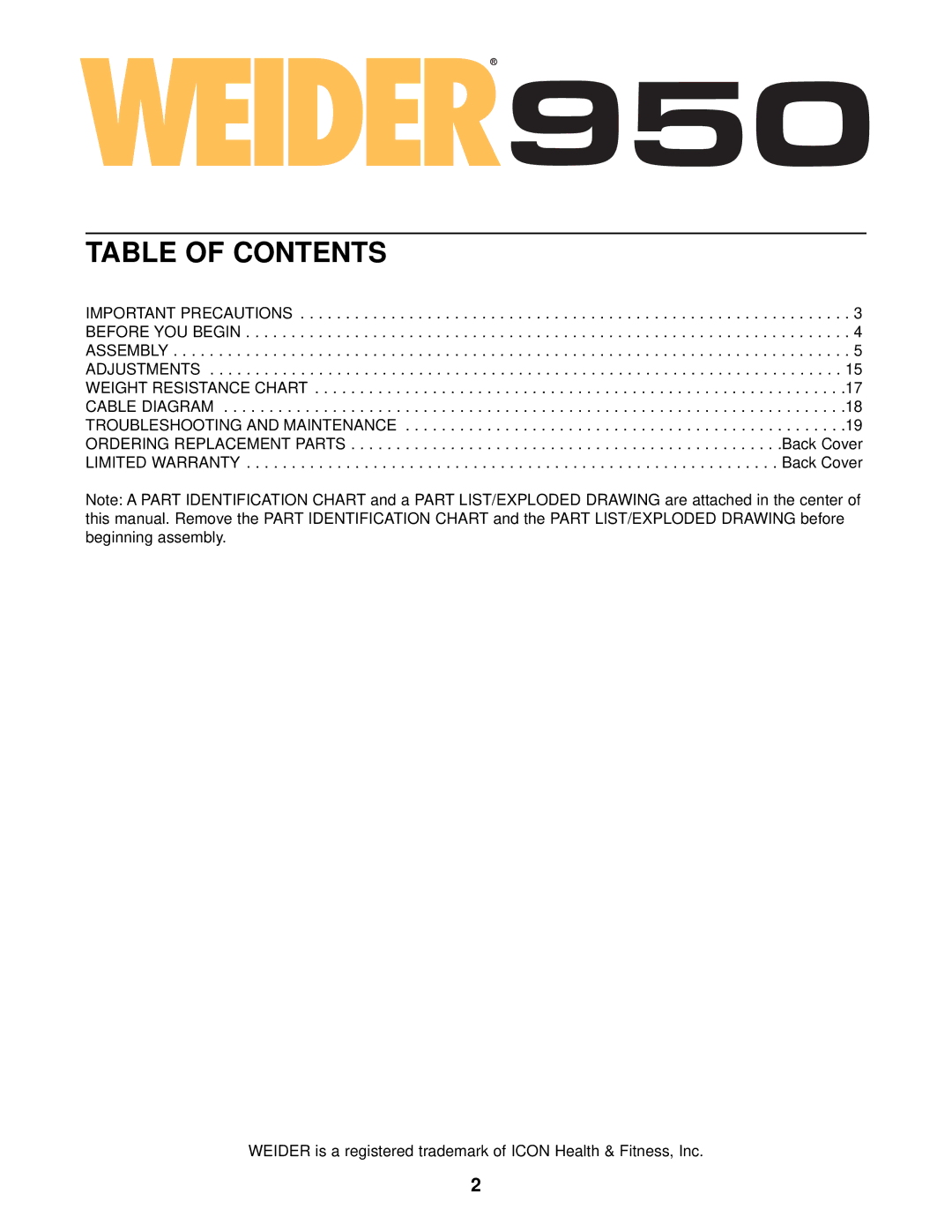 Weider WESY13820 user manual Table of Contents 