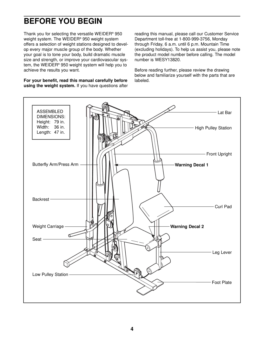 Weider WESY13820 user manual Before YOU Begin, Dimensions 