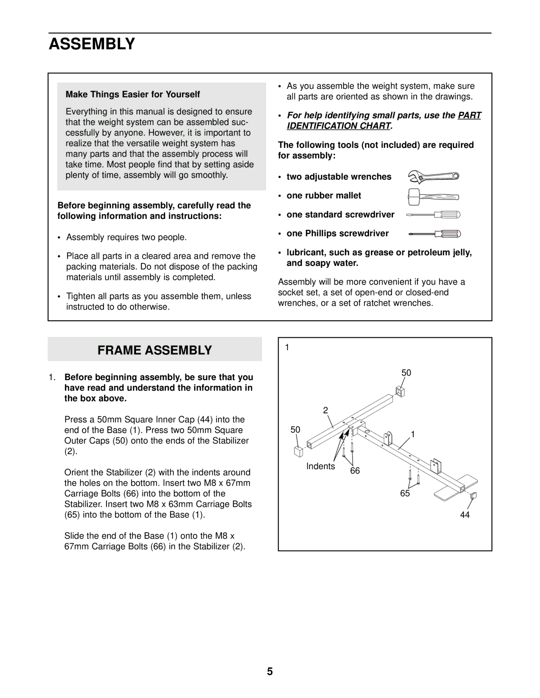 Weider WESY13820 user manual Frame Assembly, Make Things Easier for Yourself 