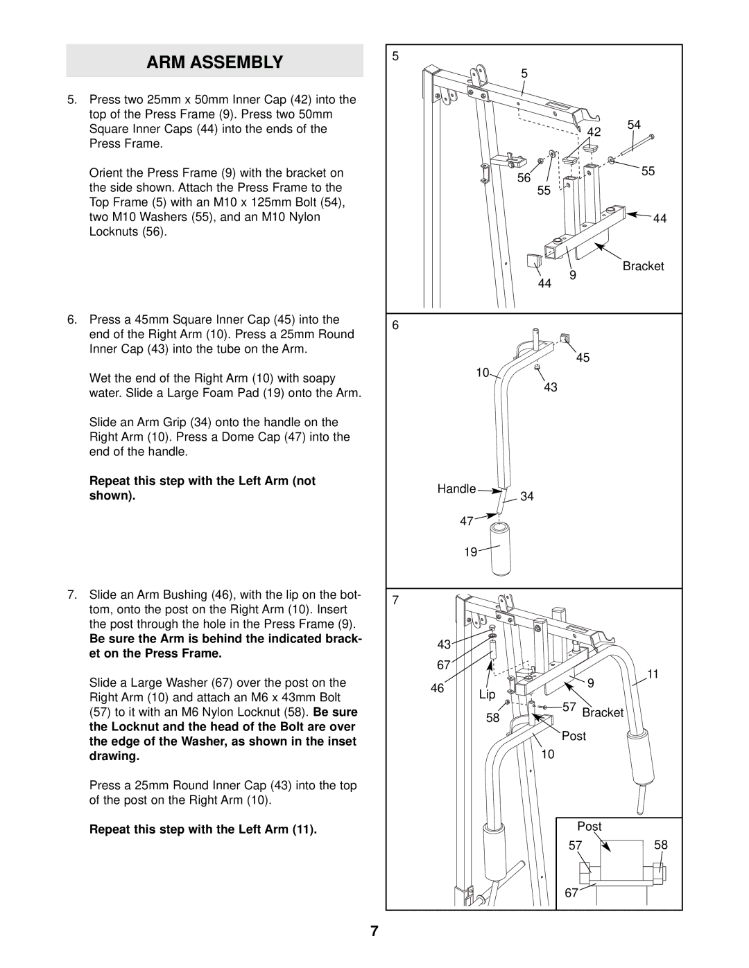 Weider WESY13820 user manual ARM Assembly, Repeat this step with the Left Arm not shown 