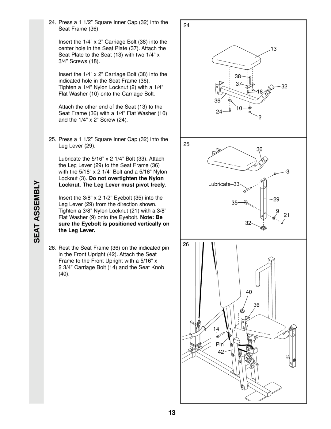 Weider WESY16010 user manual Locknut. The Leg Lever must pivot freely 