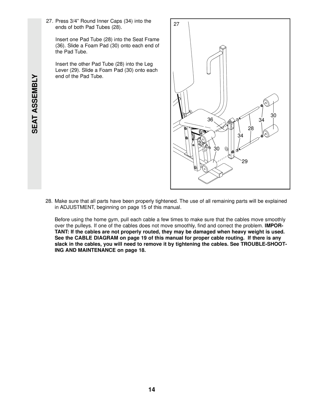 Weider WESY16010 user manual Seat Assembly 