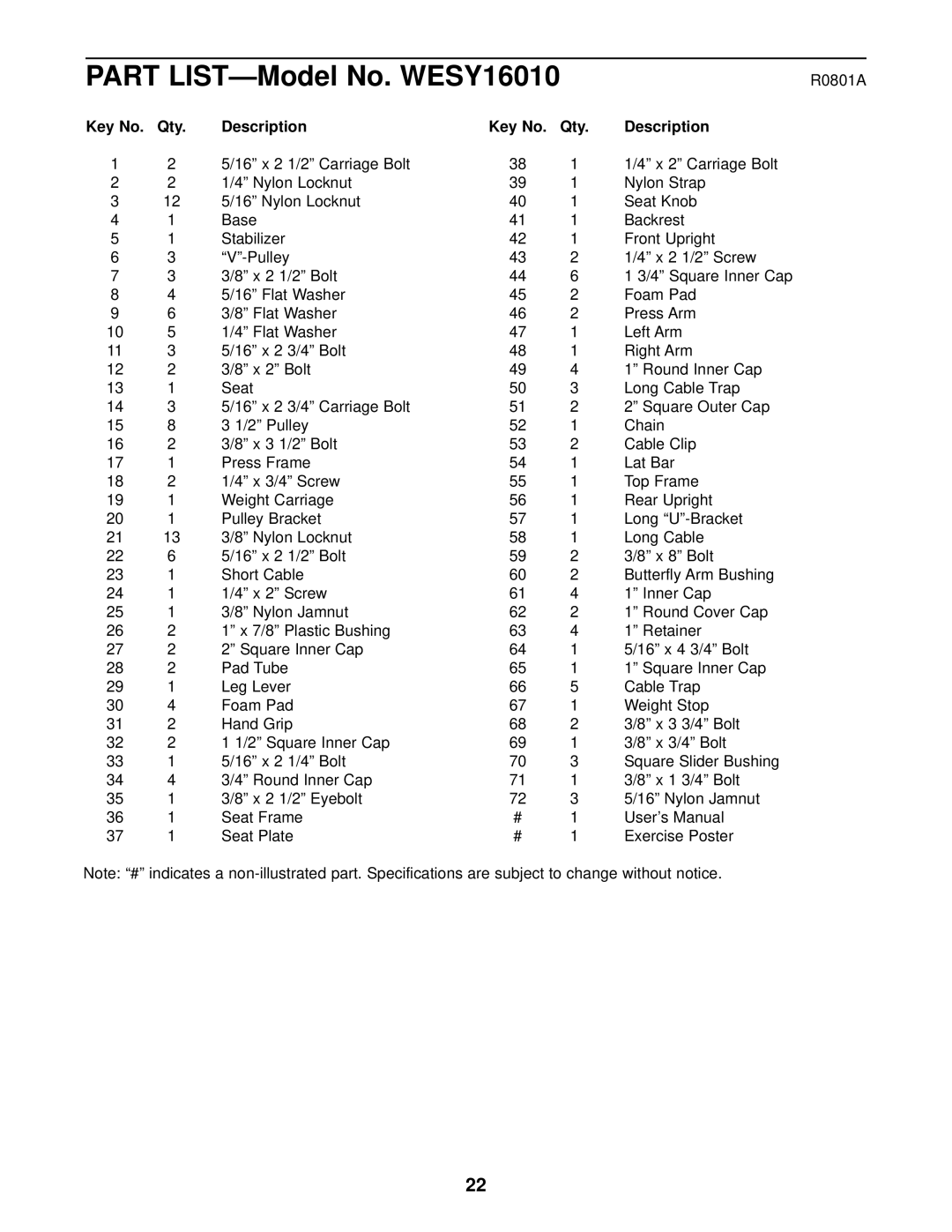 Weider user manual Part LIST-Model No. WESY16010, Qty Description 