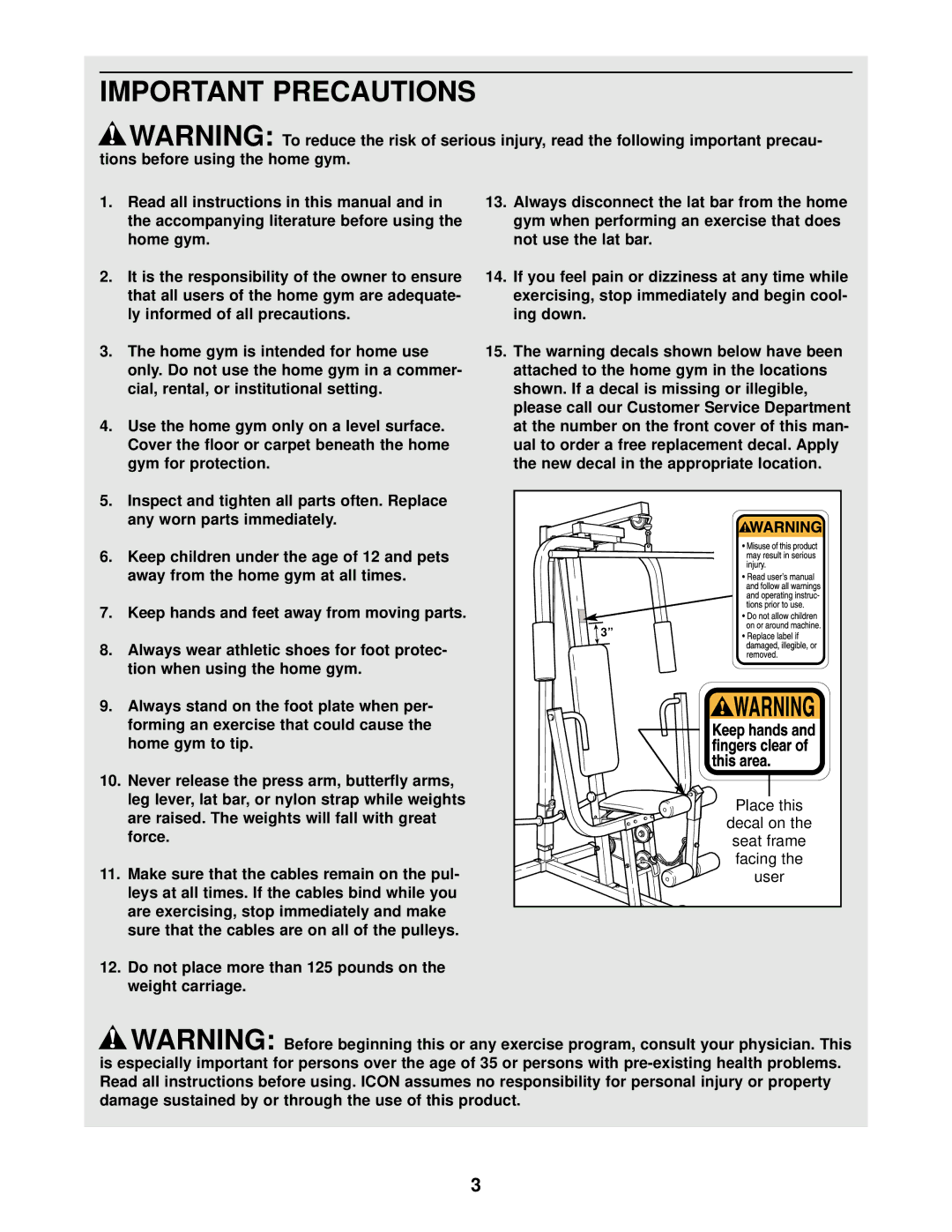 Weider WESY16010 user manual Important Precautions 