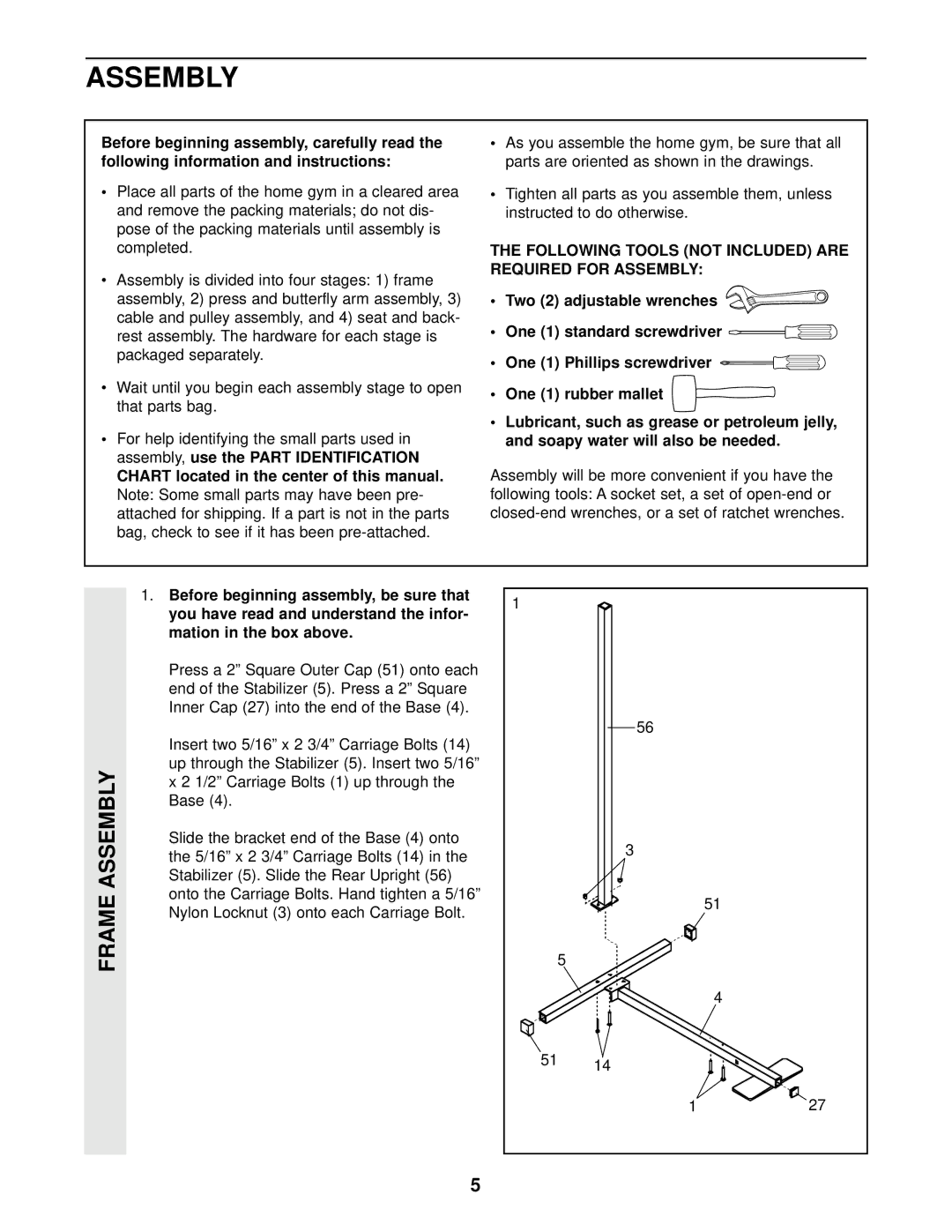 Weider WESY16010 user manual Following Tools not Included are Required for Assembly 