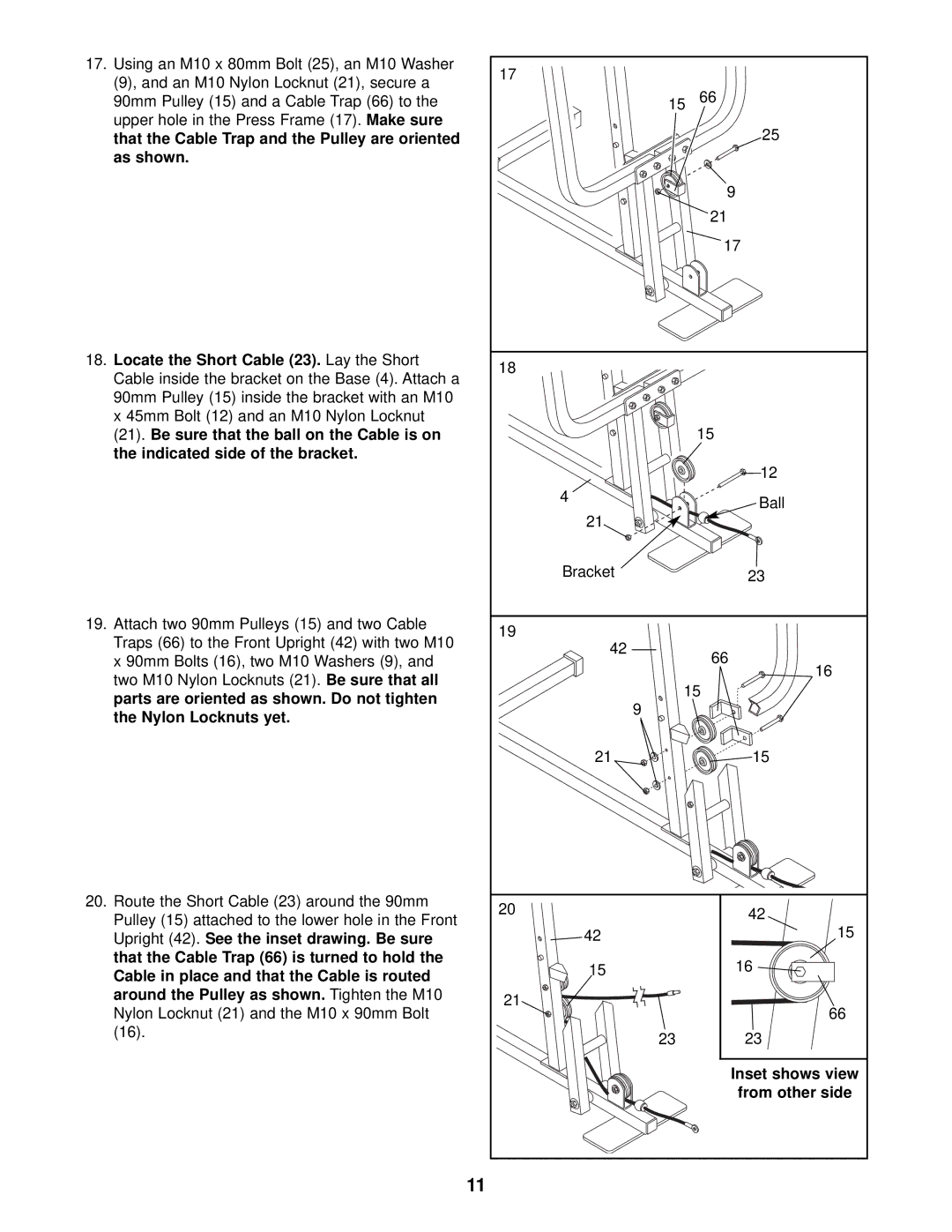 Weider WESY17011 Parts are oriented as shown. Do not tighten, Nylon Locknuts yet, Inset shows view, From other side 