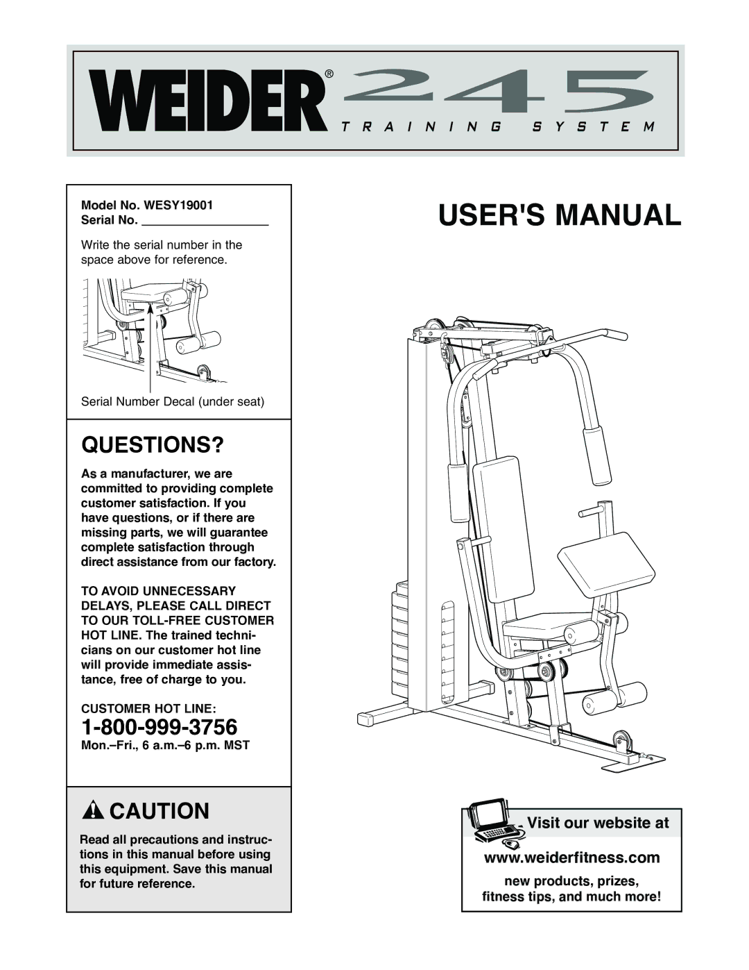 Weider user manual Questions?, Model No. WESY19001 Serial No 