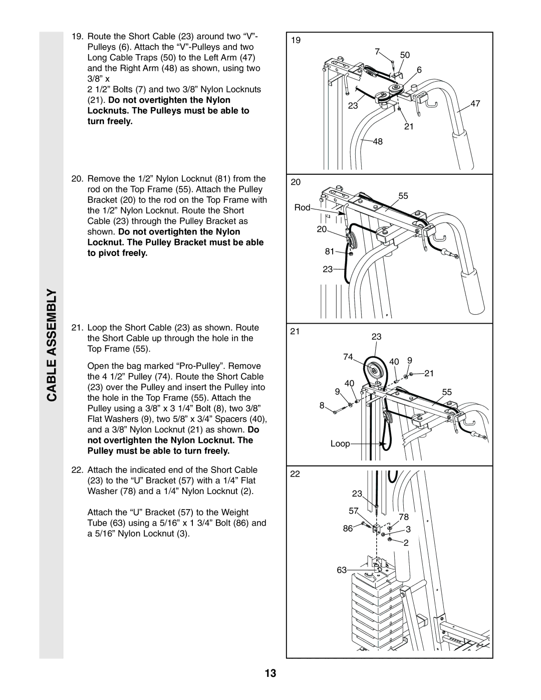 Weider WESY19001 user manual Locknut. The Pulley Bracket must be able to pivot freely 