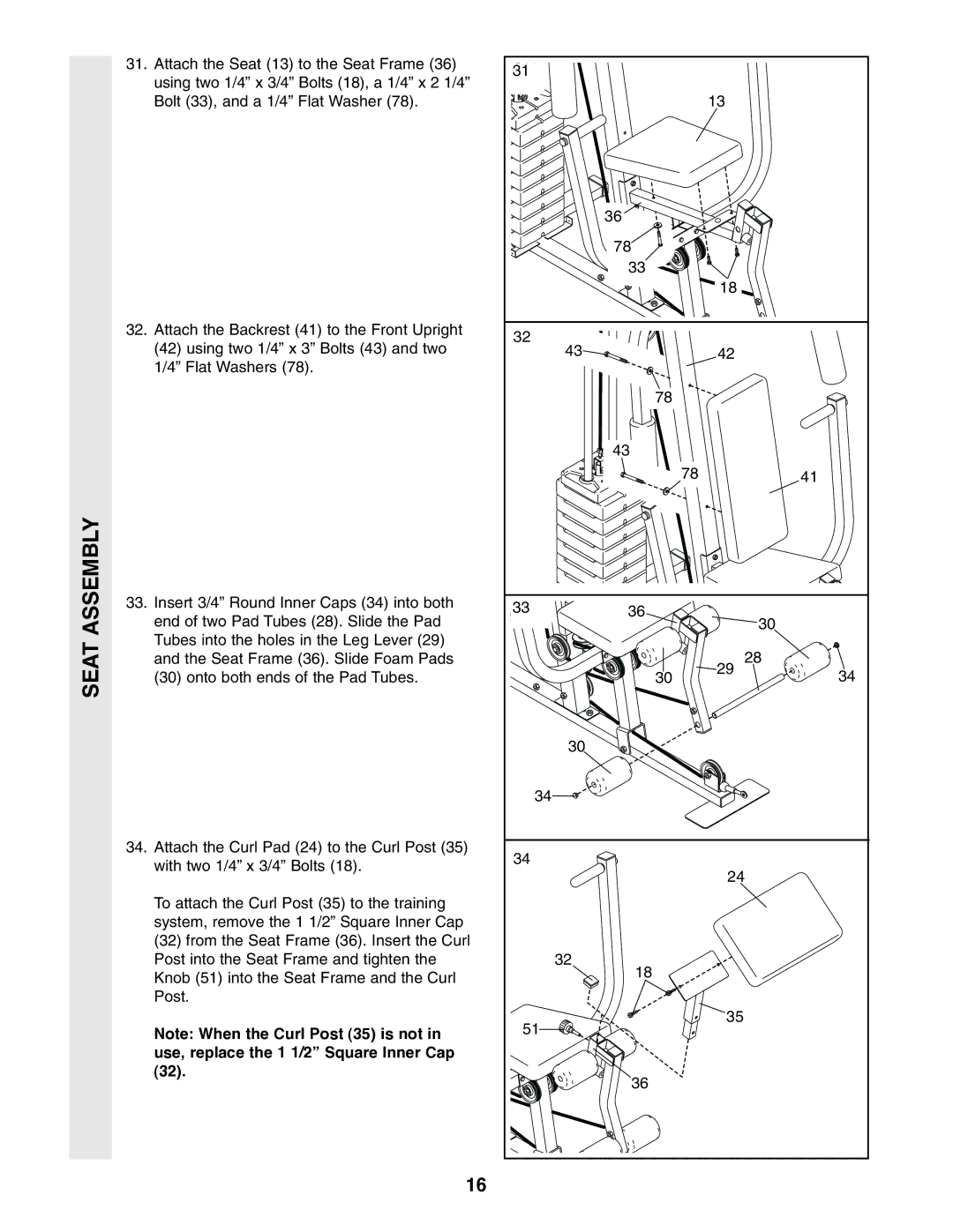 Weider WESY19001 user manual Seat Assembly 