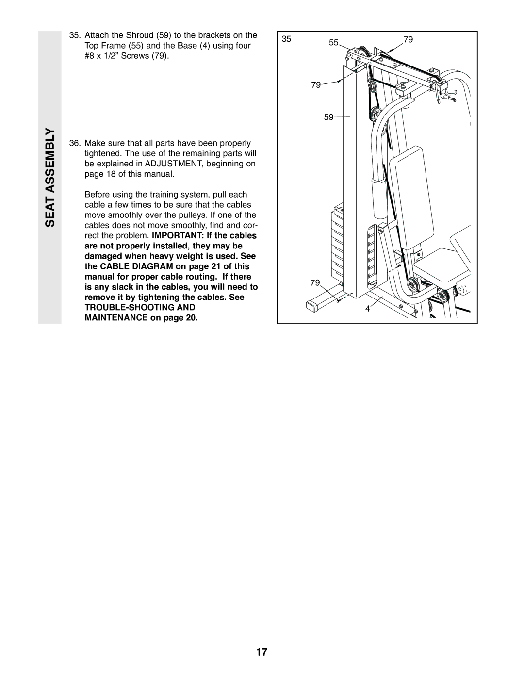 Weider WESY19001 user manual TROUBLE-SHOOTING and Maintenance on 