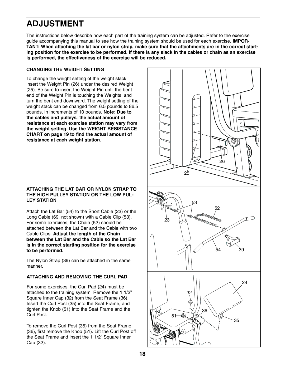 Weider WESY19001 user manual Adjustment, Changing the Weight Setting 