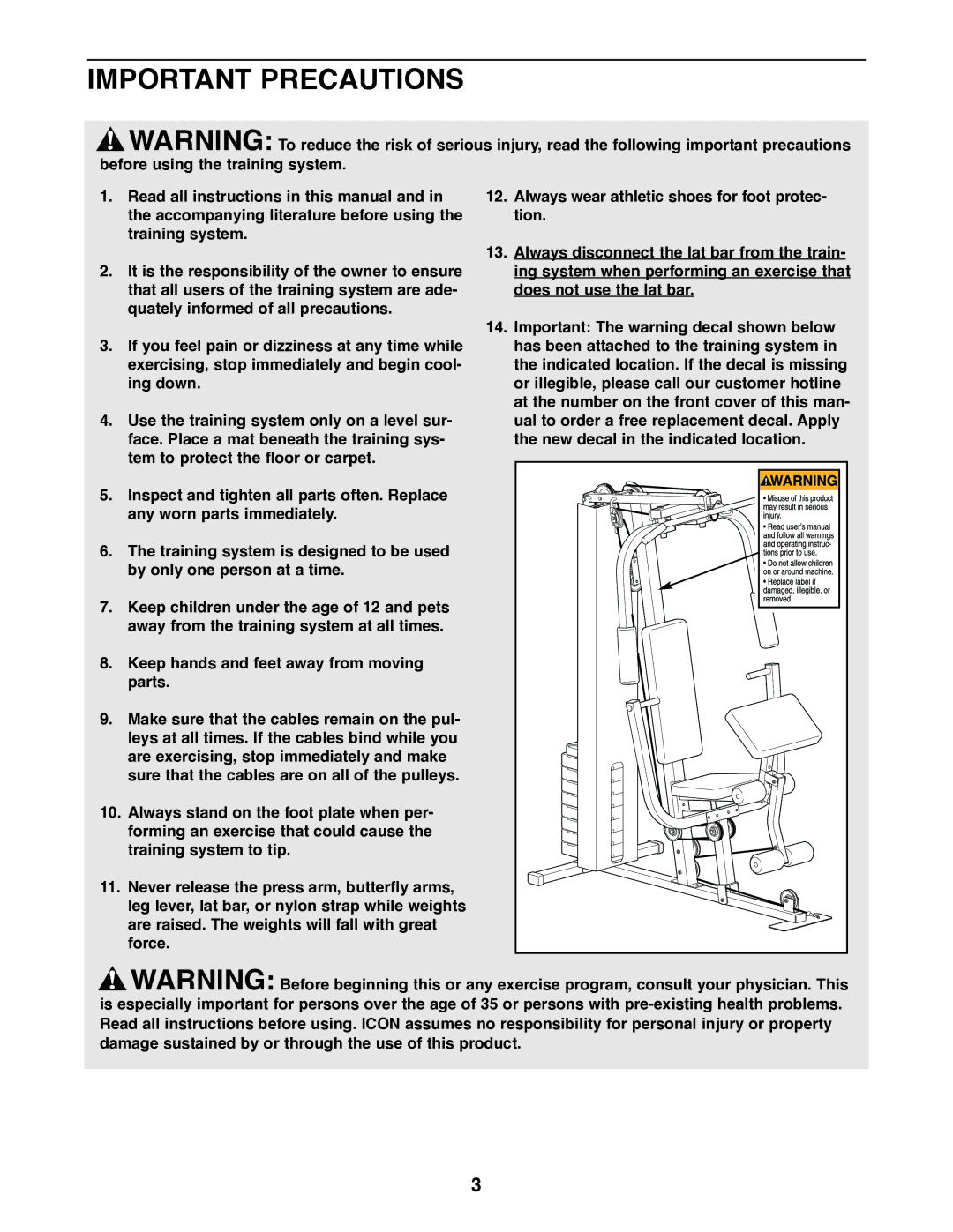 Weider WESY19001 user manual Important Precautions 