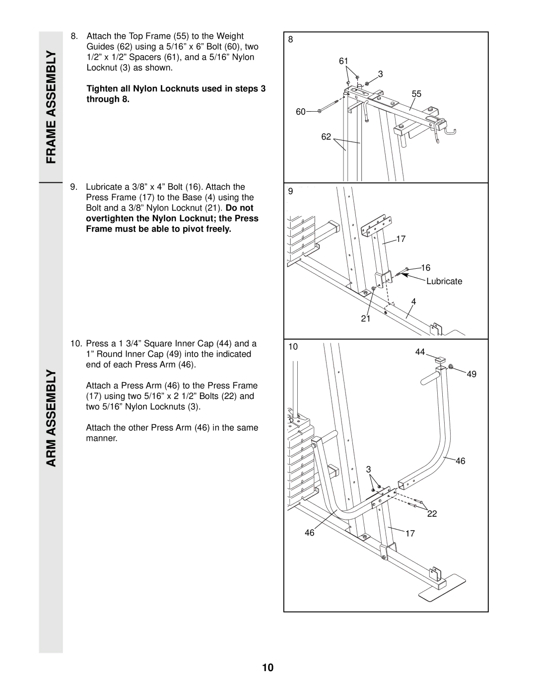 Weider WESY19002 user manual Frame Assembly ARM Assembly, Tighten all Nylon Locknuts used in steps 3 through 