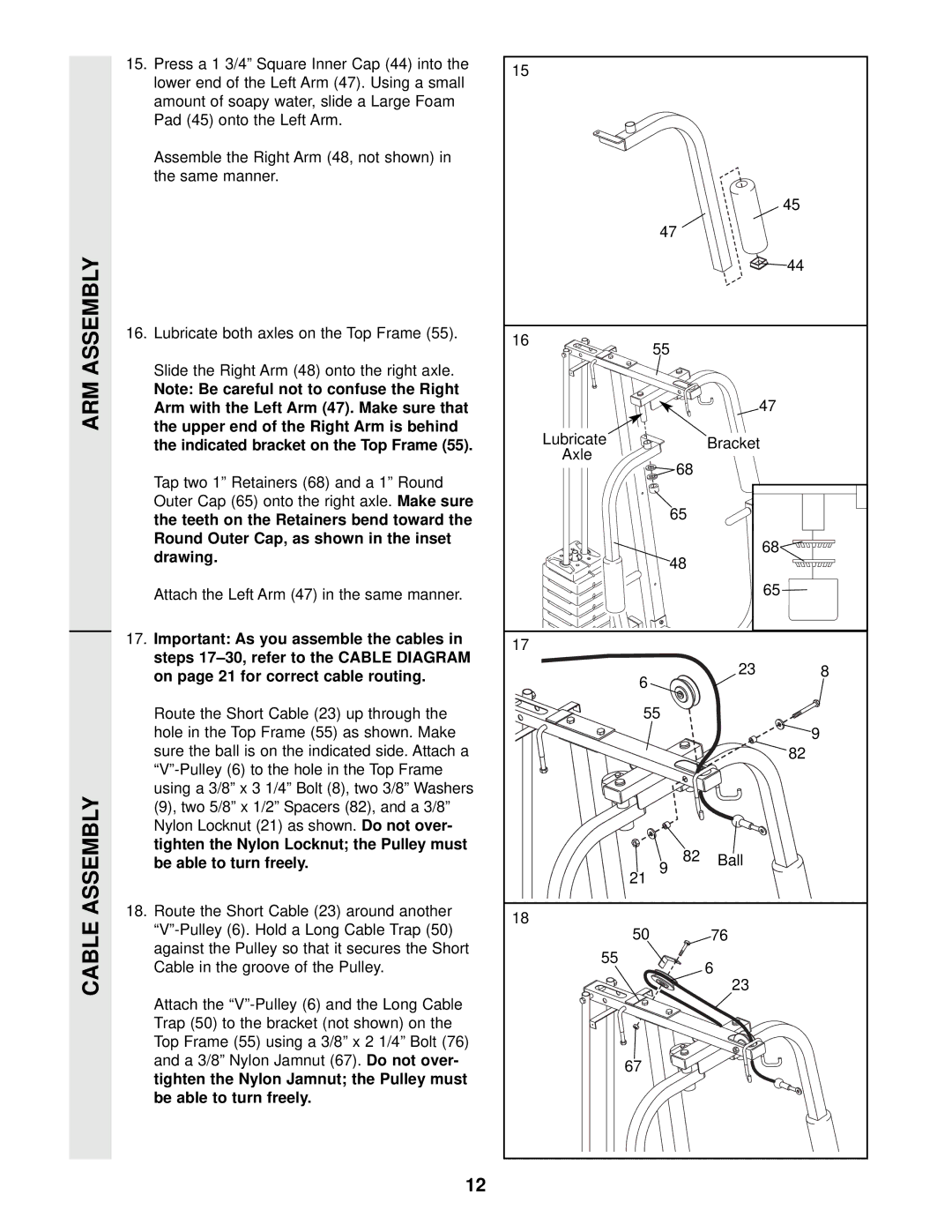 Weider WESY19002 user manual ARM Assembly Cable Assembly, Indicated bracket on the Top Frame, Be able to turn freely 