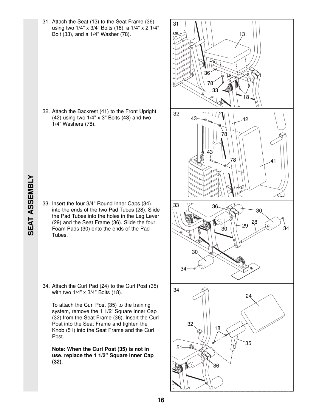 Weider WESY19002 user manual Seat Assembly 