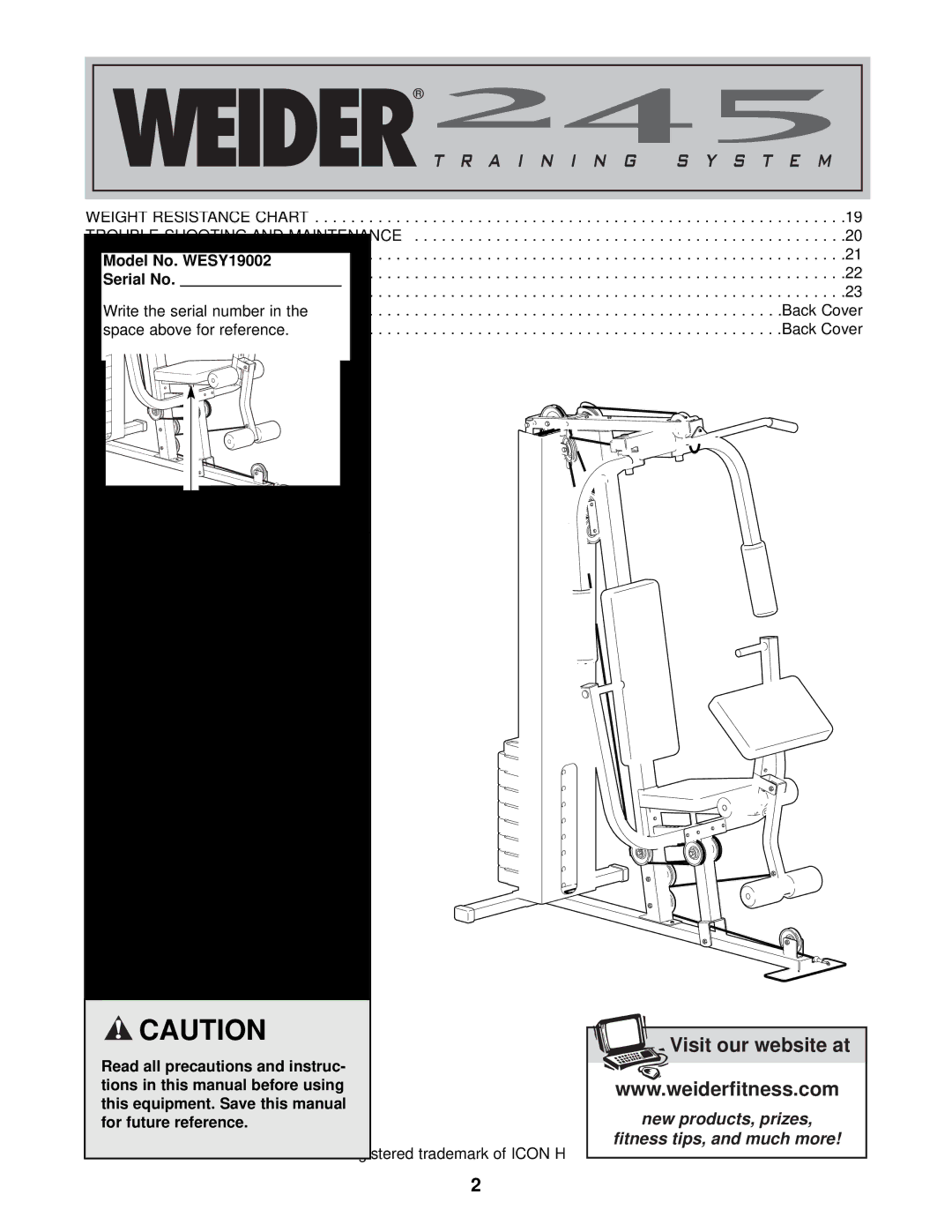 Weider WESY19002 user manual Table of Contents 