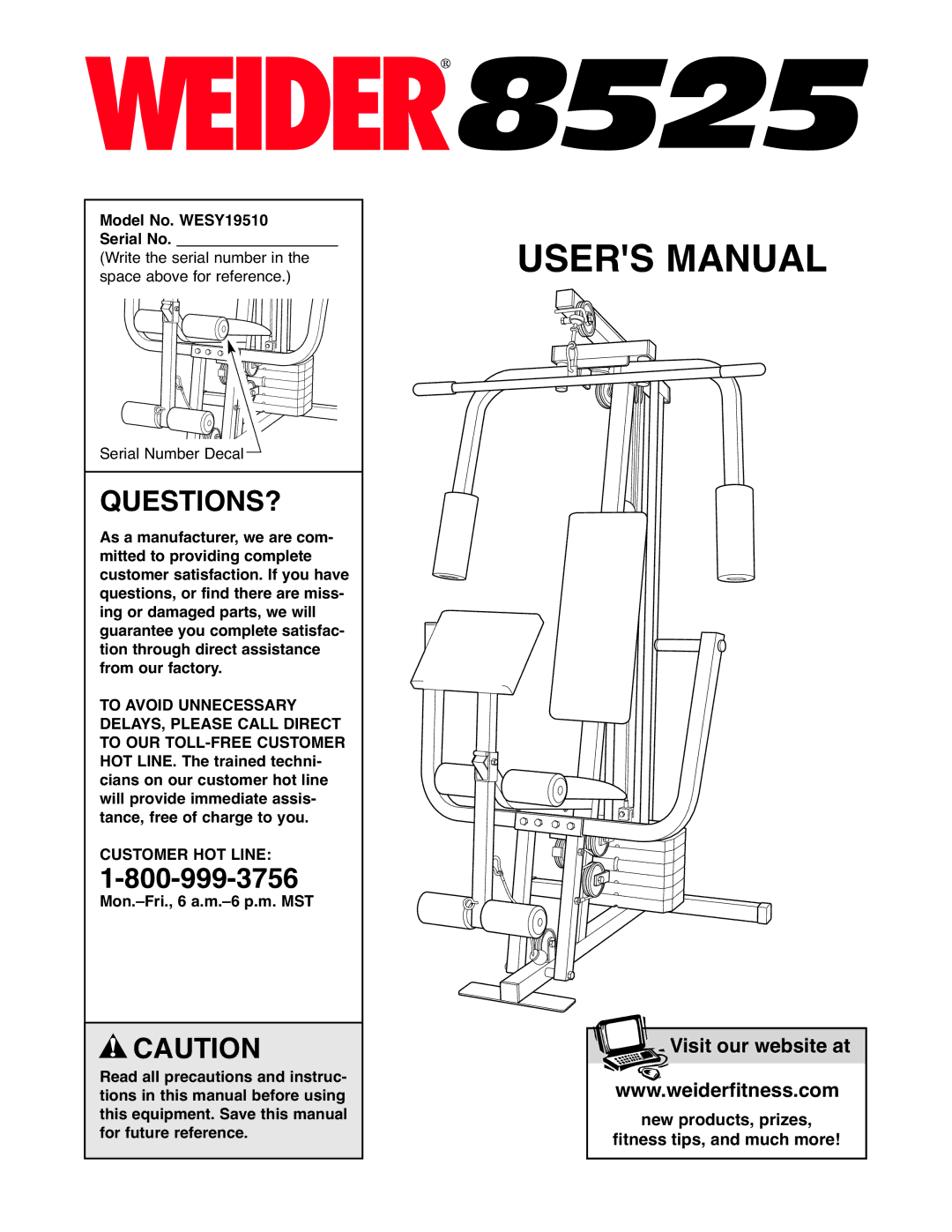 Weider user manual Questions?, Model No. WESY19510 Serial No 