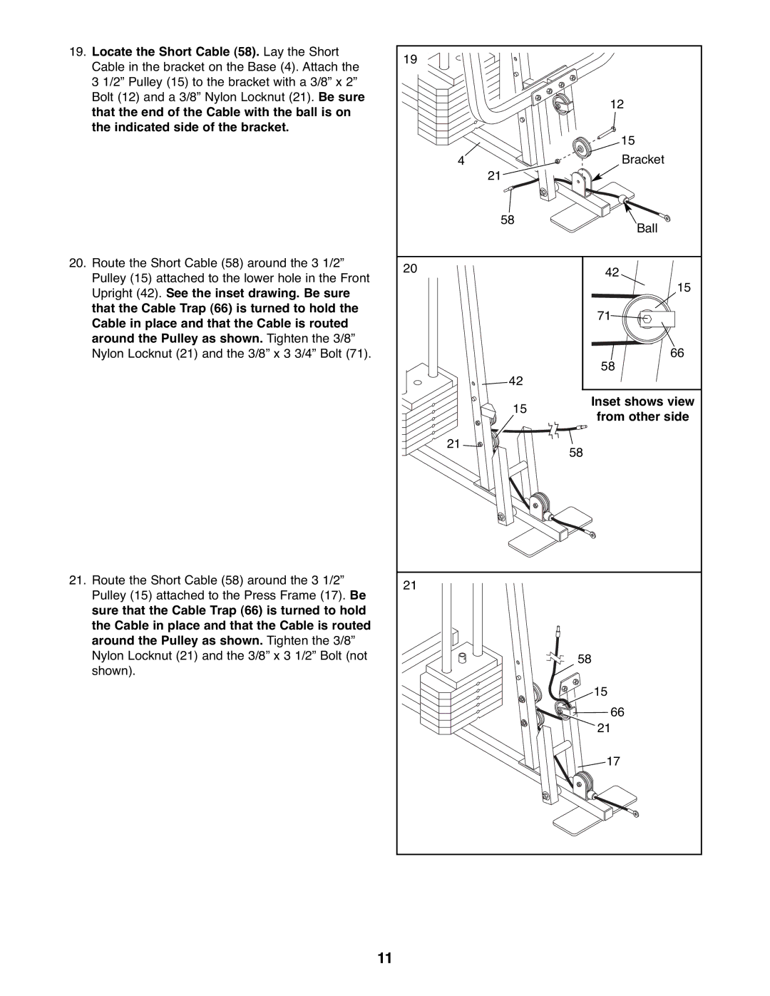 Weider WESY19510 user manual Locate the Short Cable 58. Lay the Short, Inset shows view, From other side 