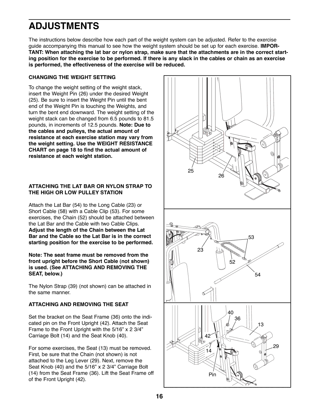 Weider WESY19510 user manual Adjustments, Changing the Weight Setting 