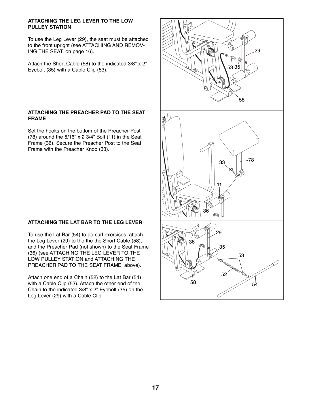 Weider WESY19510 user manual Attaching the LEG Lever to the LOW Pulley Station 