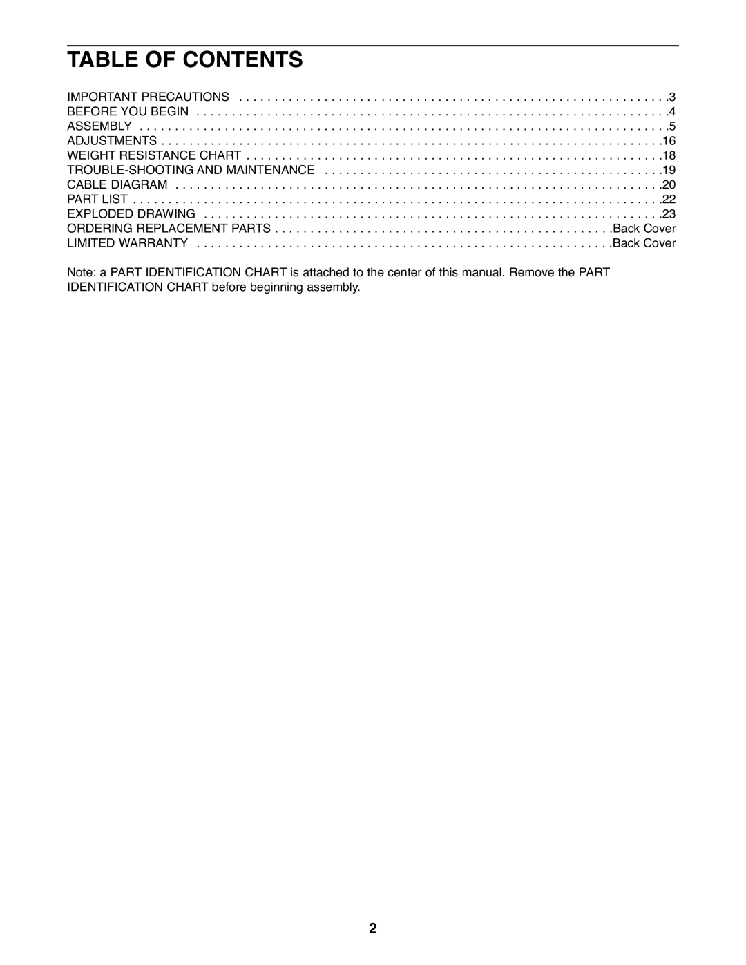 Weider WESY19510 user manual Table of Contents 