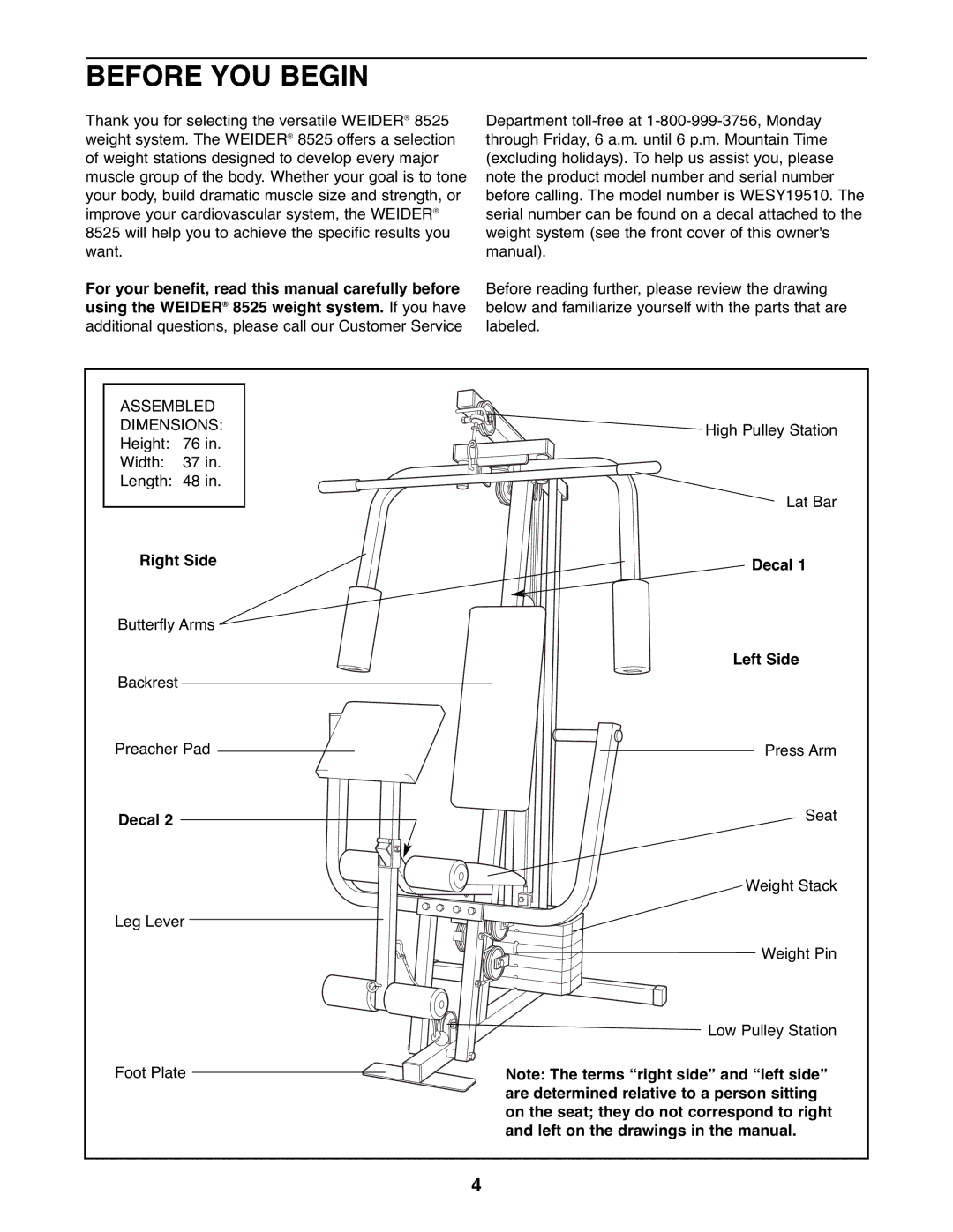 Weider WESY19510 user manual Before YOU Begin 