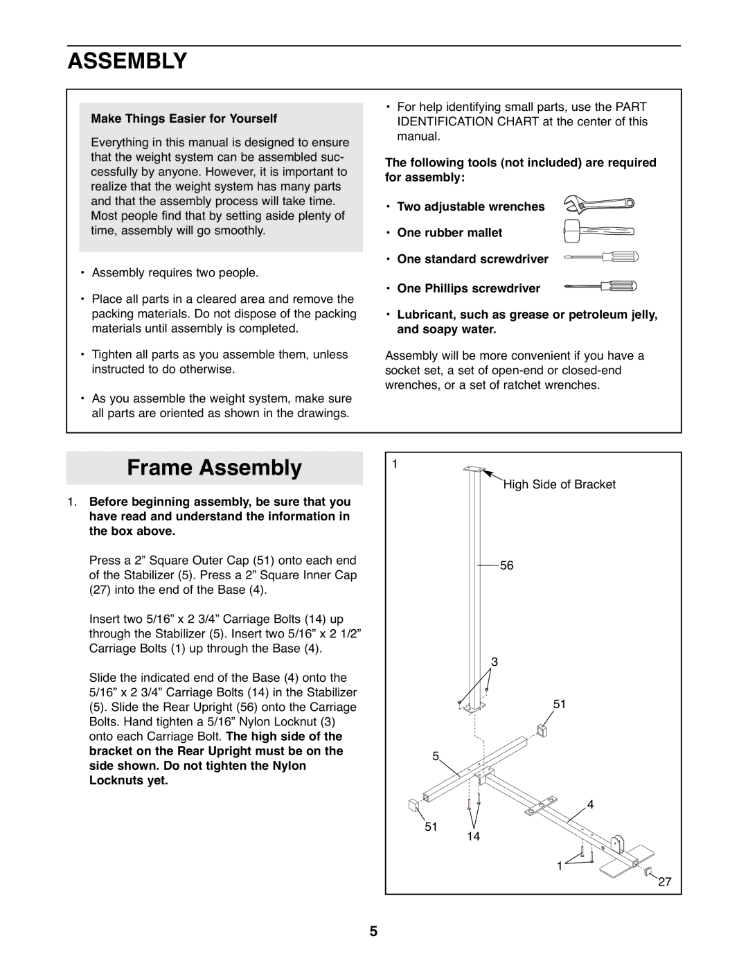 Weider WESY19510 user manual Frame Assembly, Make Things Easier for Yourself 