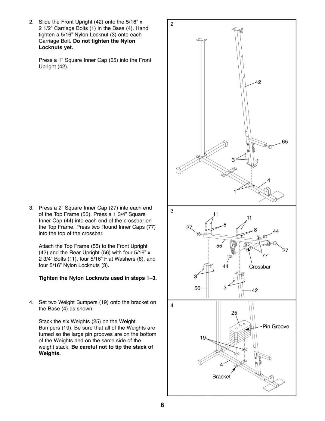 Weider WESY19510 user manual Locknuts yet, Tighten the Nylon Locknuts used in steps, Weights 