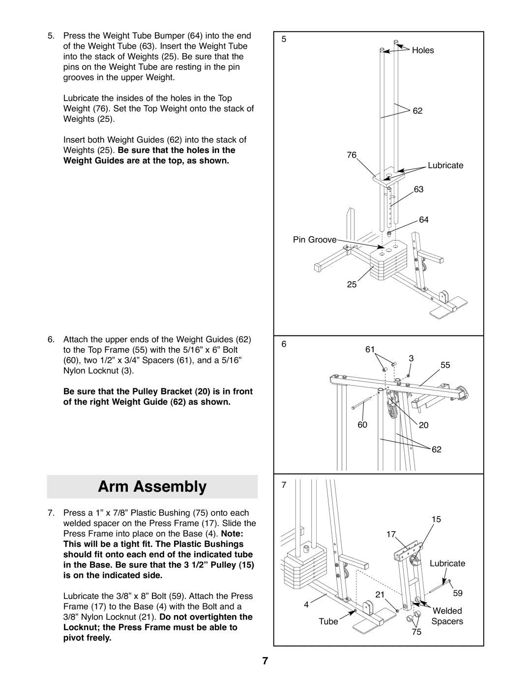 Weider WESY19510 user manual Arm Assembly, Weight Guides are at the top, as shown 